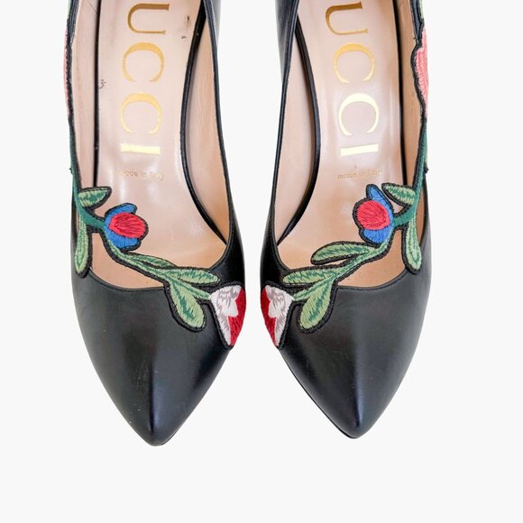 Gucci Ophelia Floral-Embroidered Pump EU 38 US 8 Black Leather High Heel Pointed - Picture 3 of 15